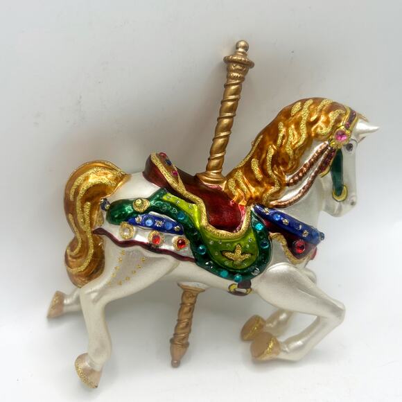 VNTG Hand Crafted Blown Glass Carousel White Horse w/ Gems and Glitter Ornament - Picture 4 of 7